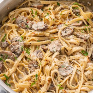 Pasta with creamy mushroom sauce.