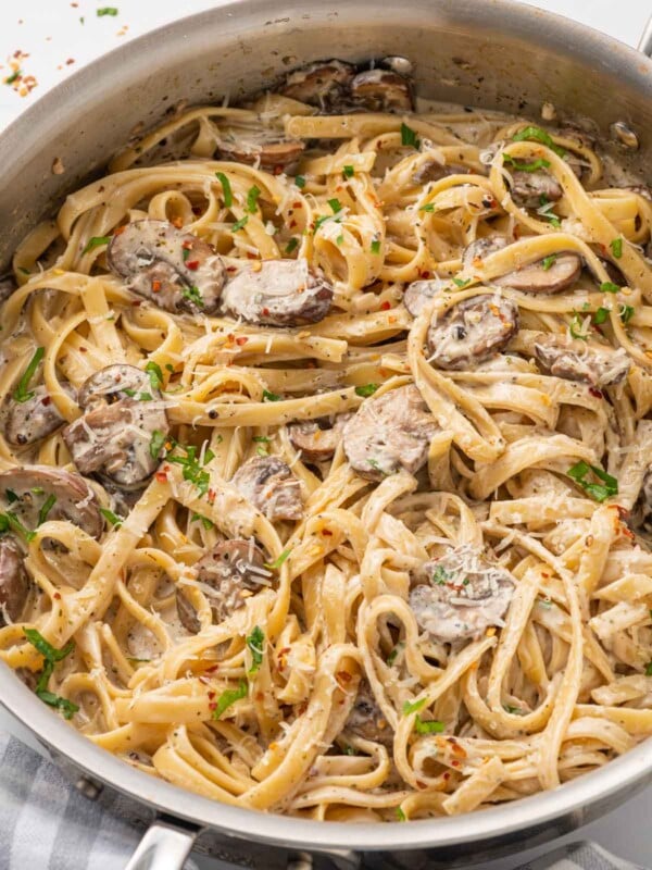 Pasta with creamy mushroom sauce.