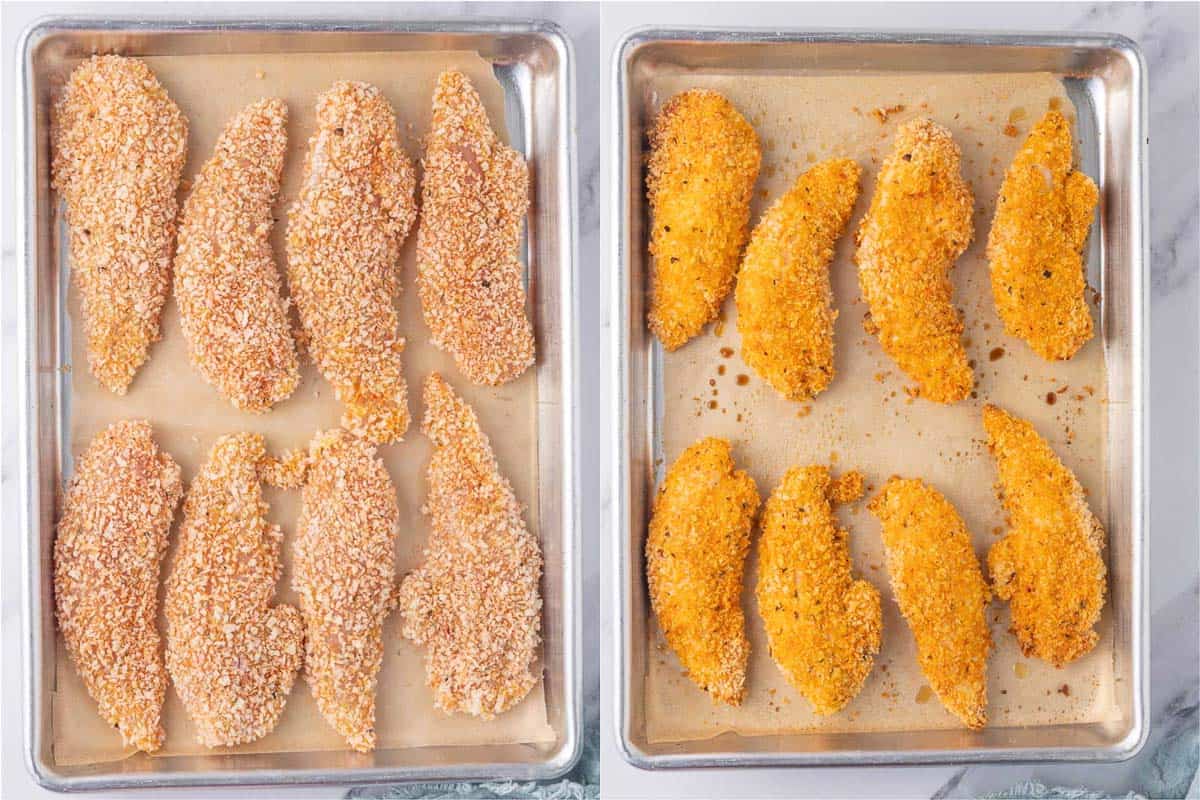 Before and after of panko chicken on a baking tray.