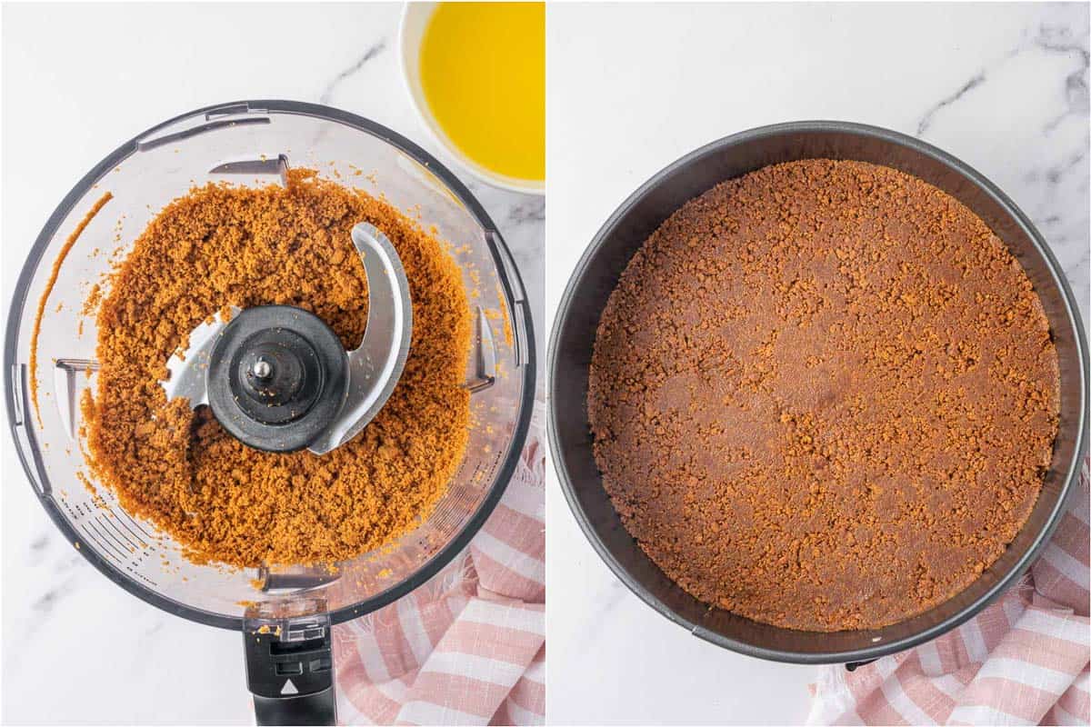 Processing biscoff cookies to make crust.