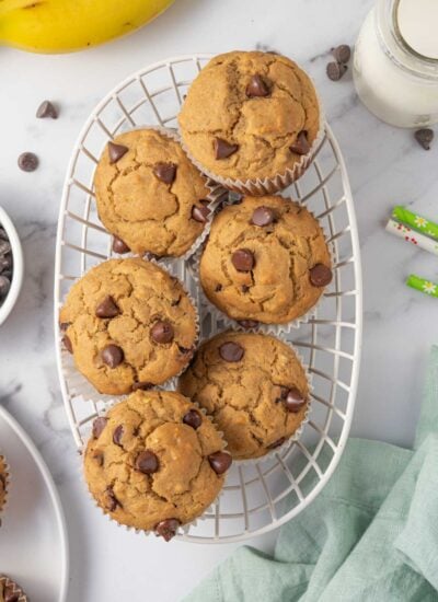 A basket of banana muffins with chocolate chips.
