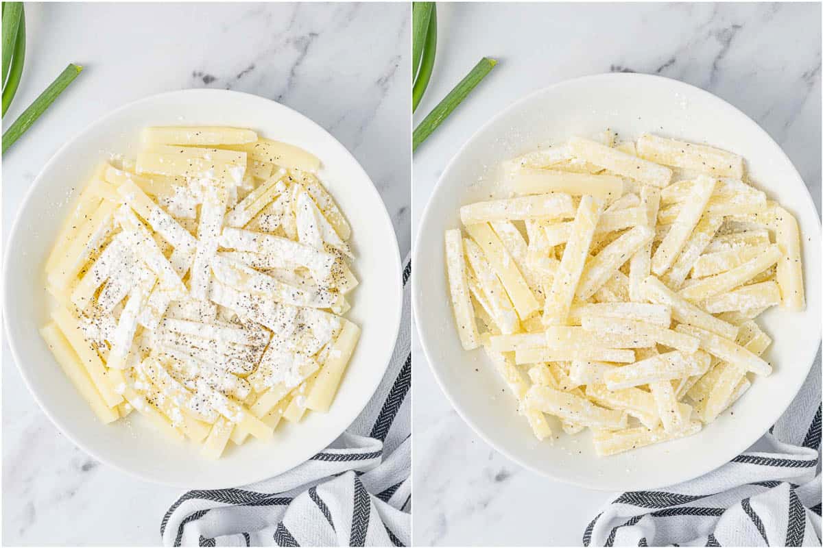 Coating potatoes for a crispy fry.