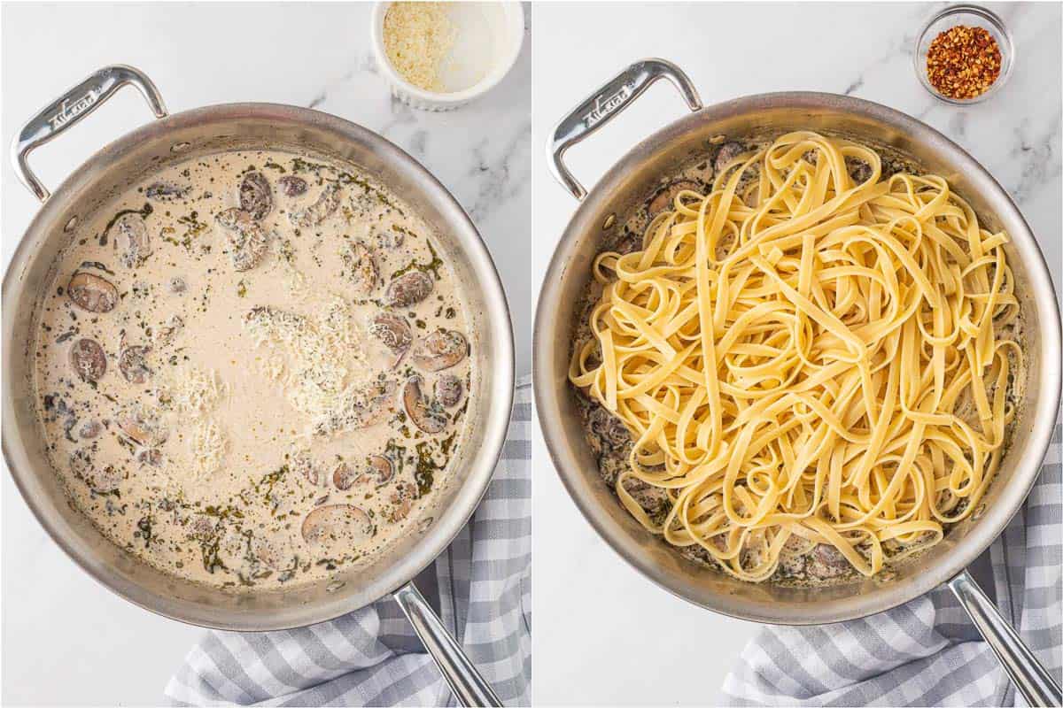 Cooked pasta is combined with mushroom sauce.