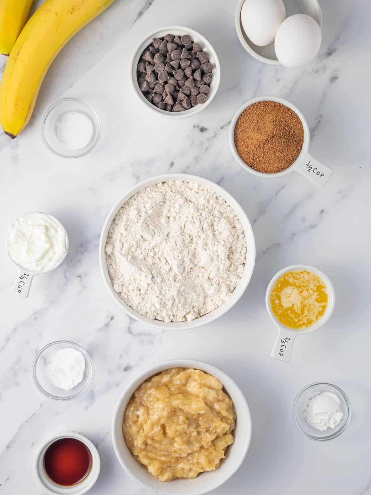 Ingredients needed for gluten-free banana muffins.