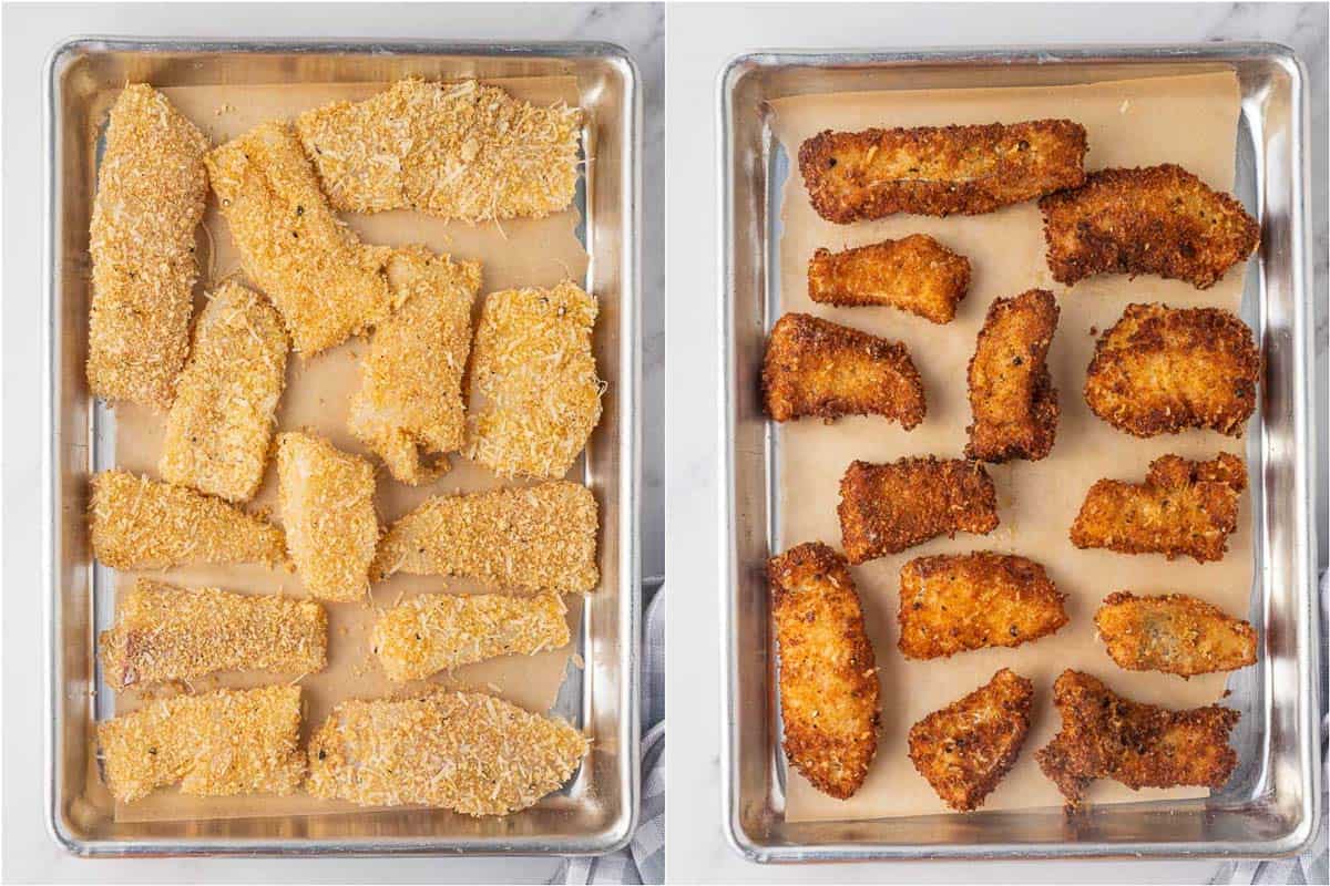 Before and after shots of wok fried gluten free fish with panko and parmesan.