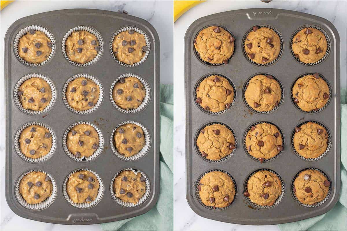 Before and after baking a muffin tin.