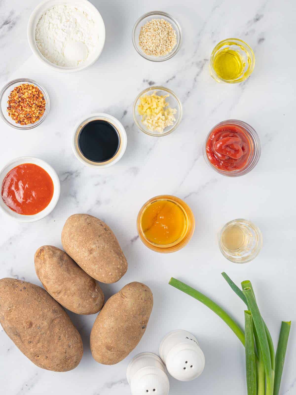 Ingredients needed for honey chilli potatoes.