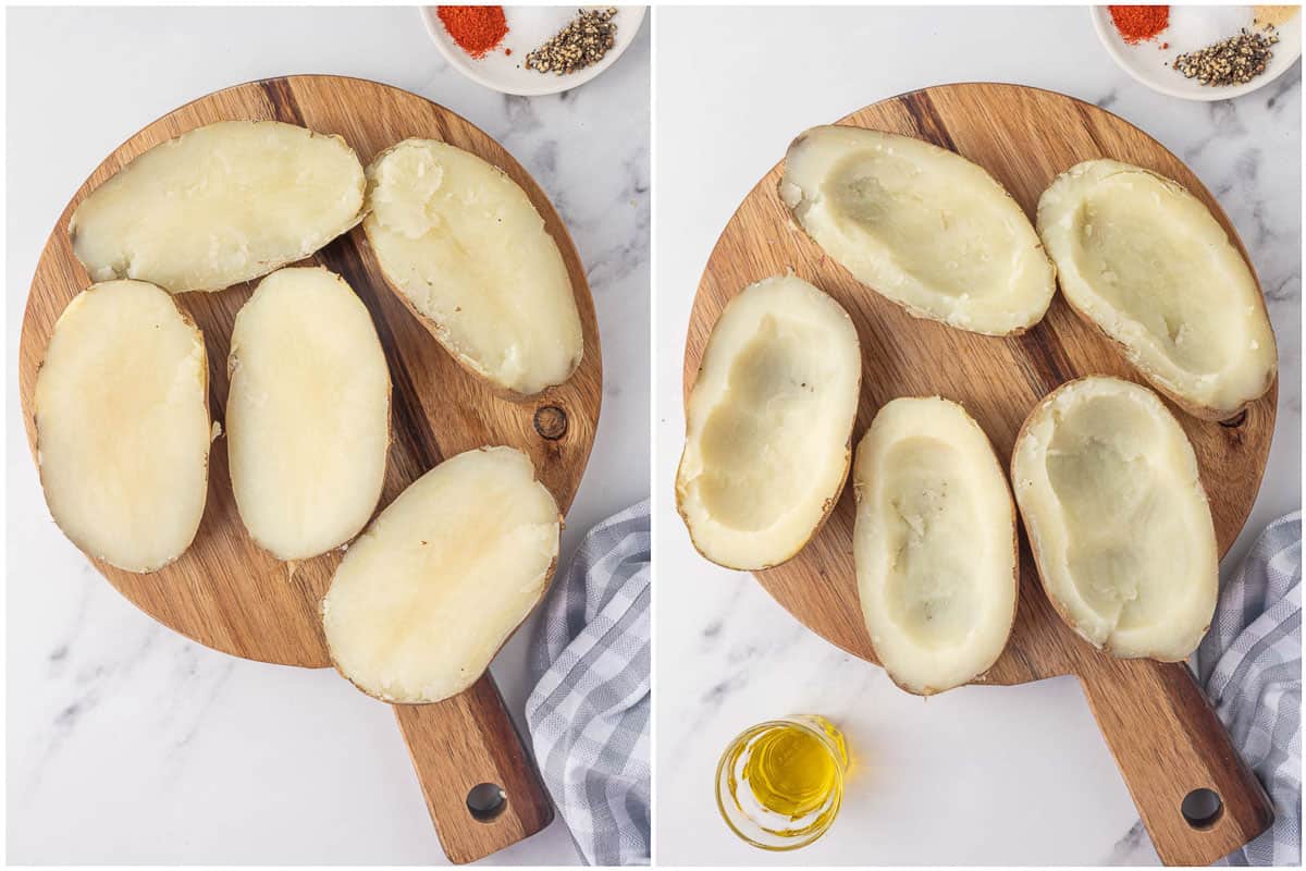 Cooked potatoes on a board with the flesh scooped out for making potato skins.