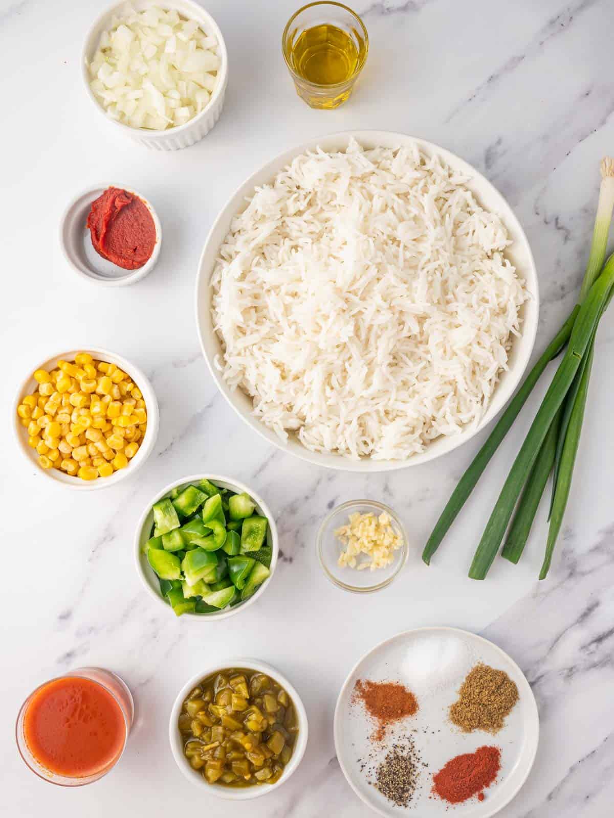 Ingredients needed for mexican fried rice.