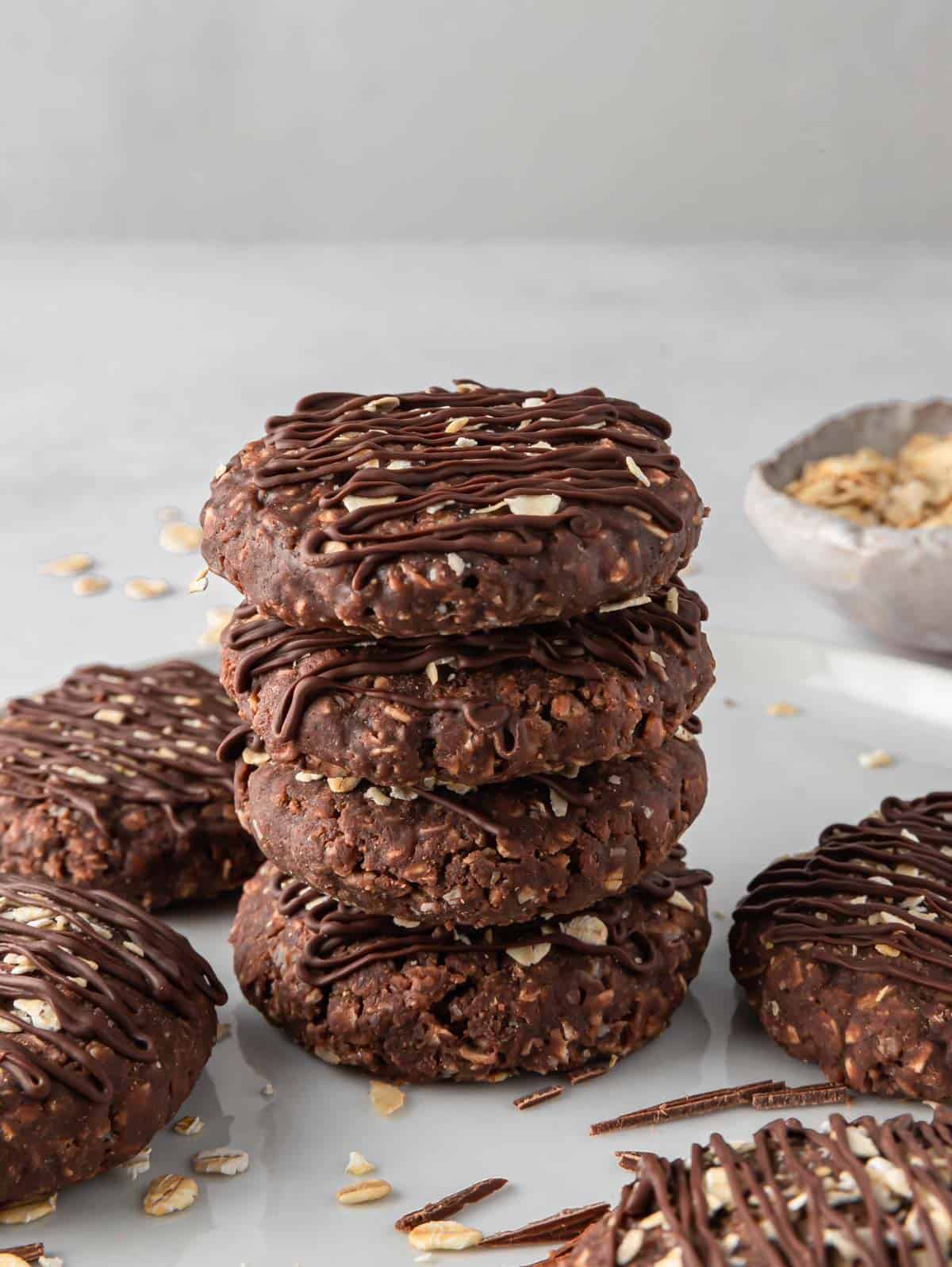 Easy no bake cookies in a stack.