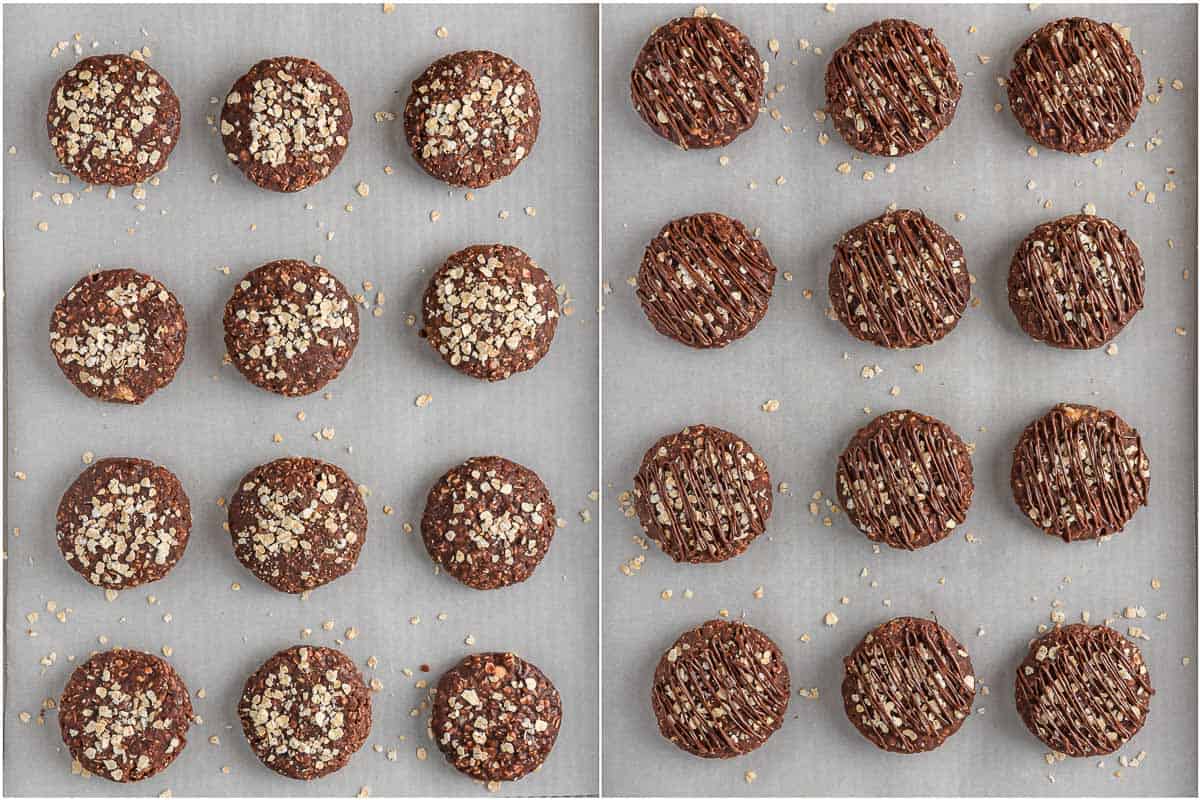Decorate no bake cookies with oatmeal and a drizzle of melted chocolate.