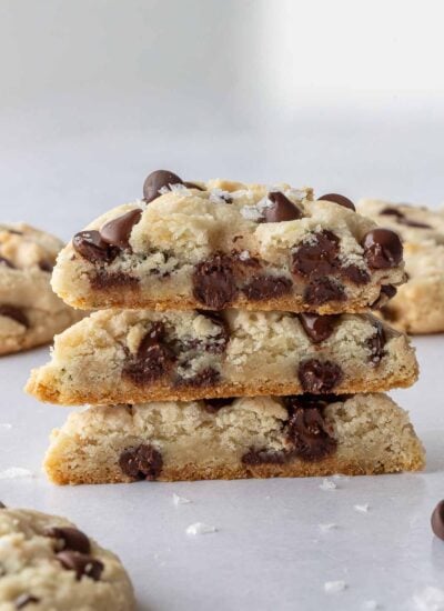 Vegan chocolate chip cookies in a pile.