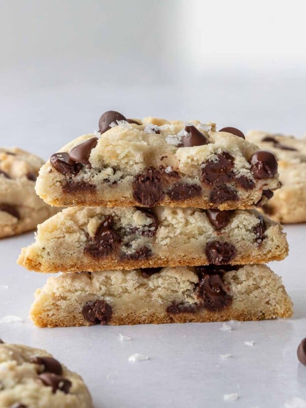 Vegan chocolate chip cookies in a pile.