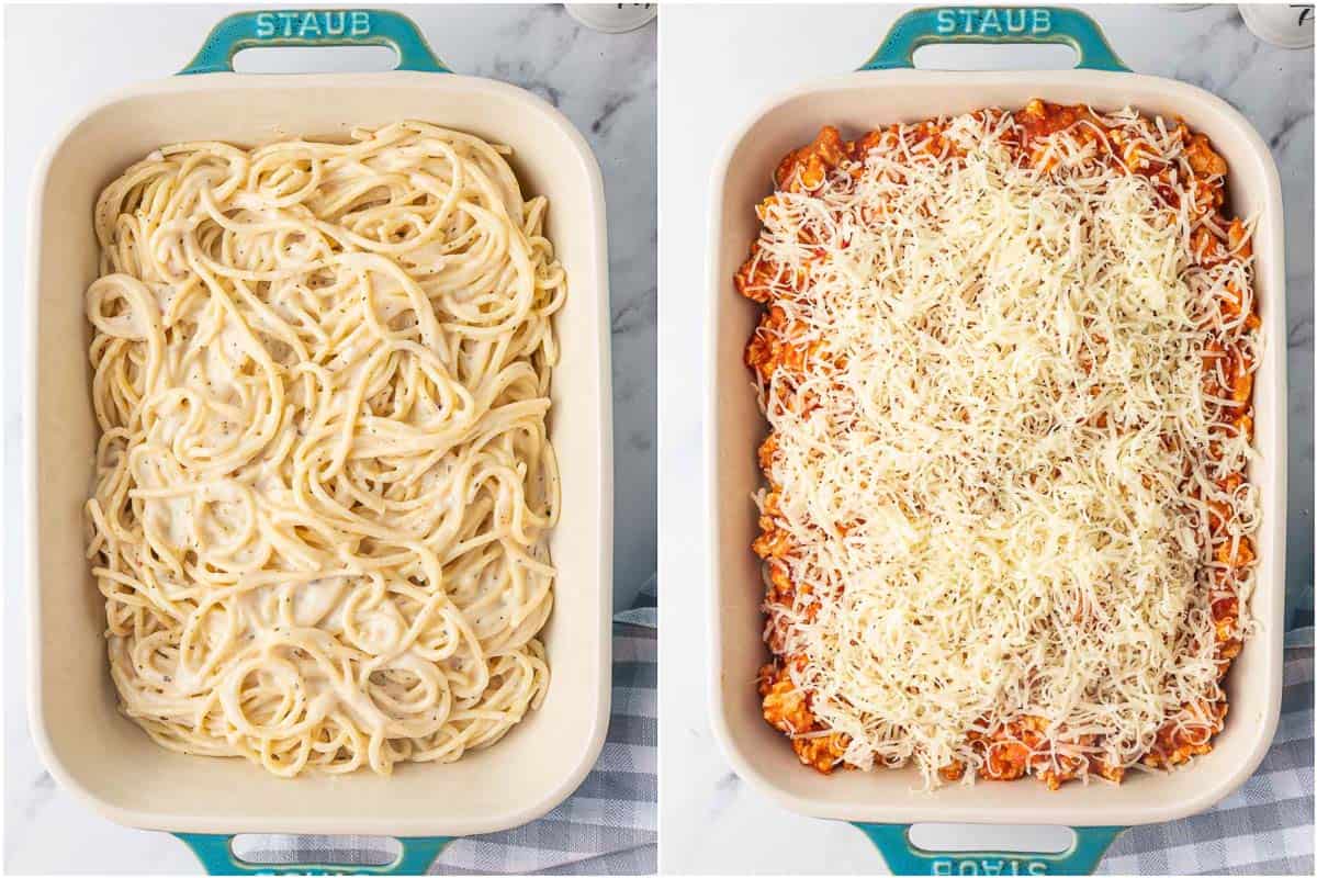 How to layer a TikTok Spaghetti casserole.