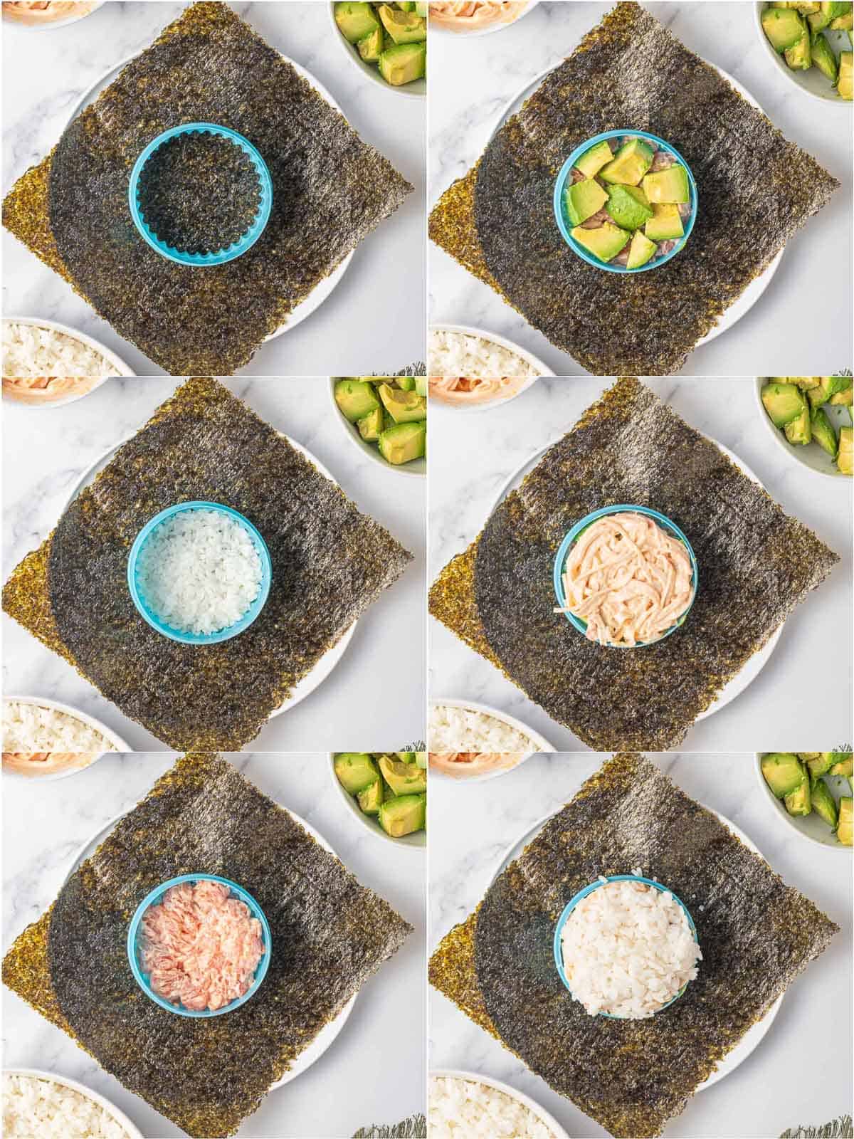 Rice, salmon, avocado, and imitation crab layered in a ring mold over nori.
