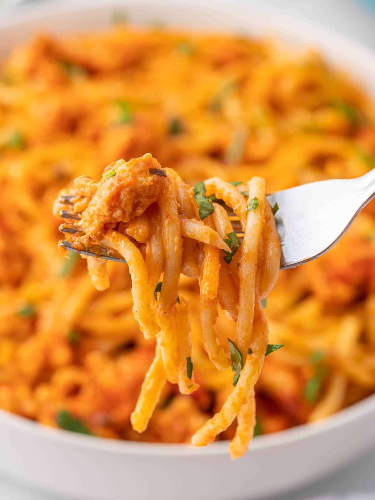A fork picks of a bite of TikTok Spaghetti.