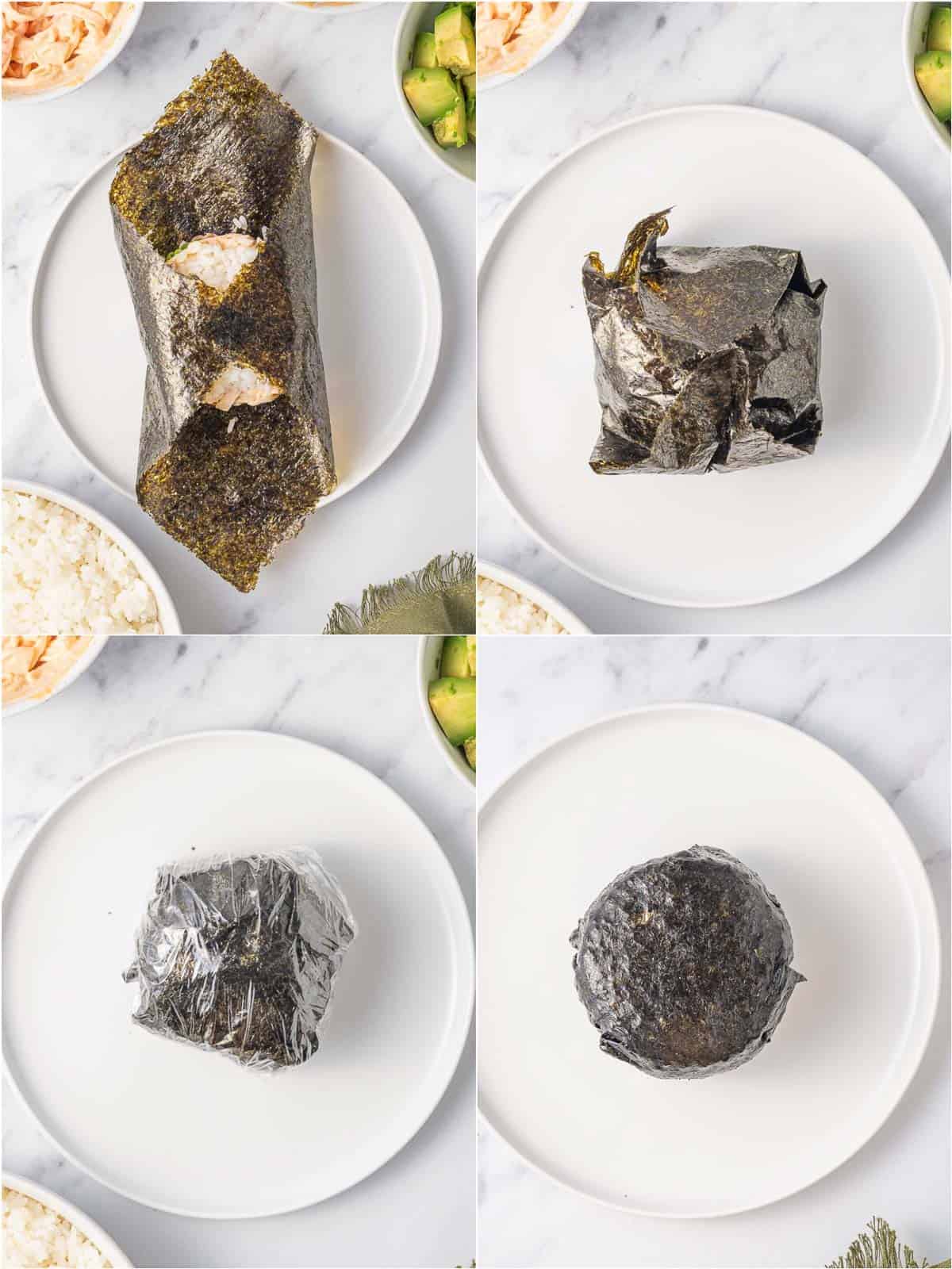 Nori folded around the layered sushi burger before wrapping and resting.