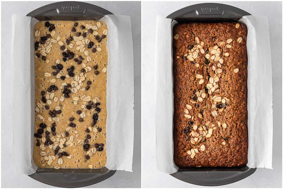 Before and after baking the healthy oatmeal banana bread recipe.