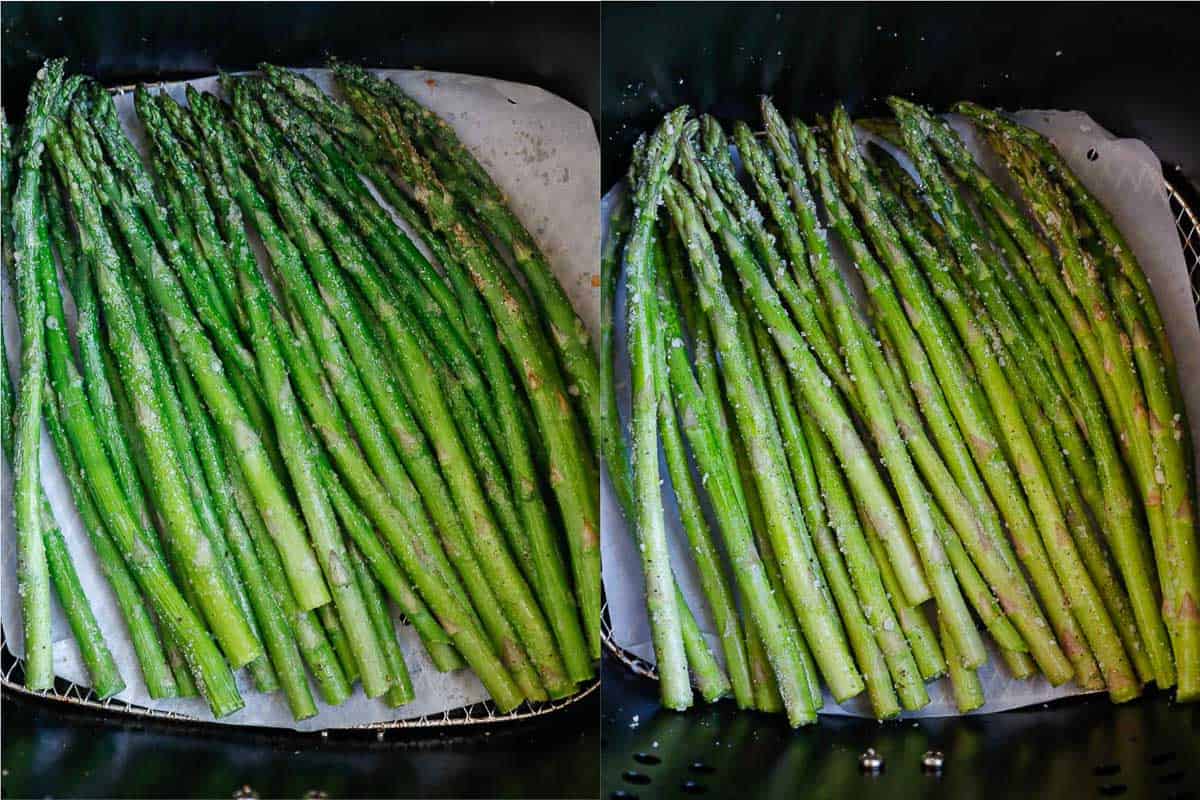 Asparagus cooking in air fryer.