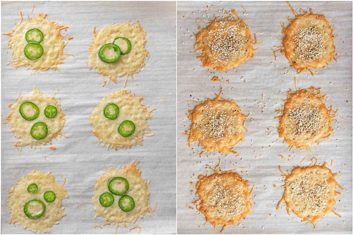 Jalapeno cheese crisps and everything bagel cheese chips on a tray.