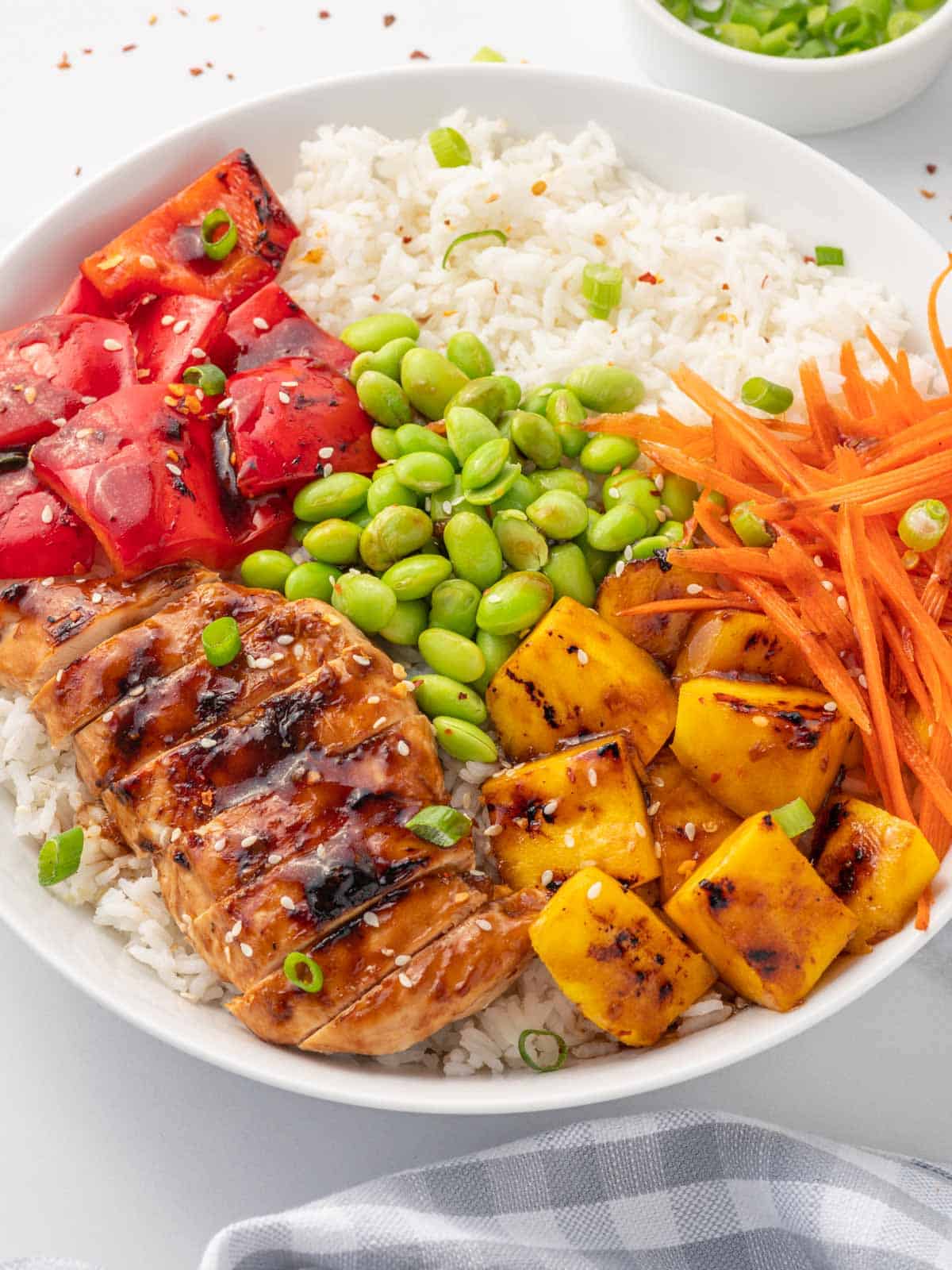 Closeup of a chicken teriyaki bowl with rice.