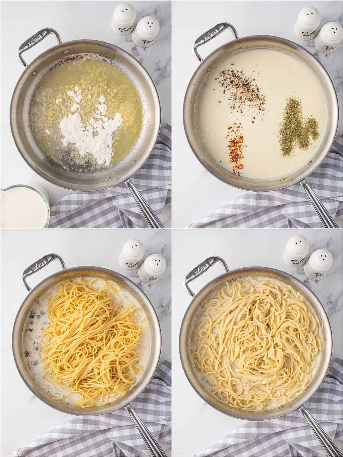 How to prepare alfredo sauce and toss with spaghetti.