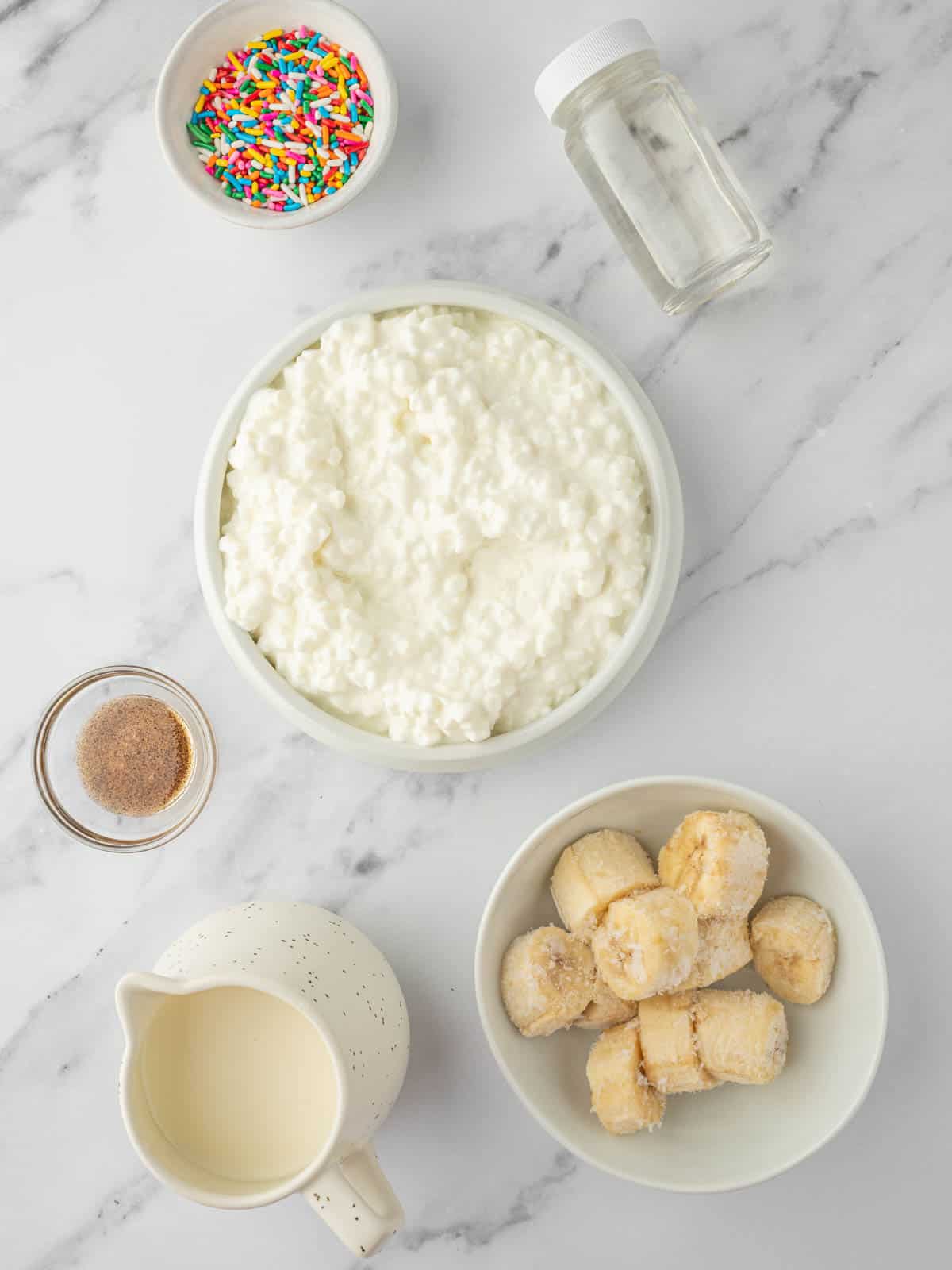 Ingredients needed for vanilla cottage cheese ice cream.