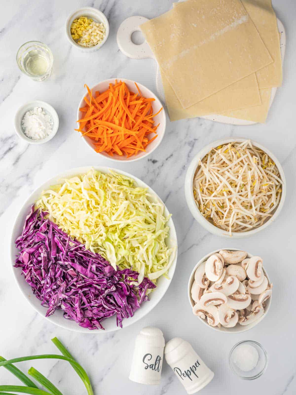 Ingredients needed for air fryer spring rolls.