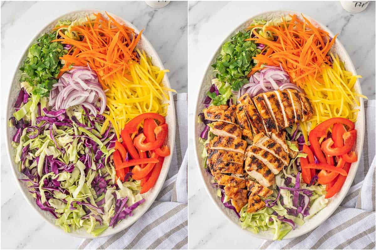 Layering grilled chicken over mango salad.