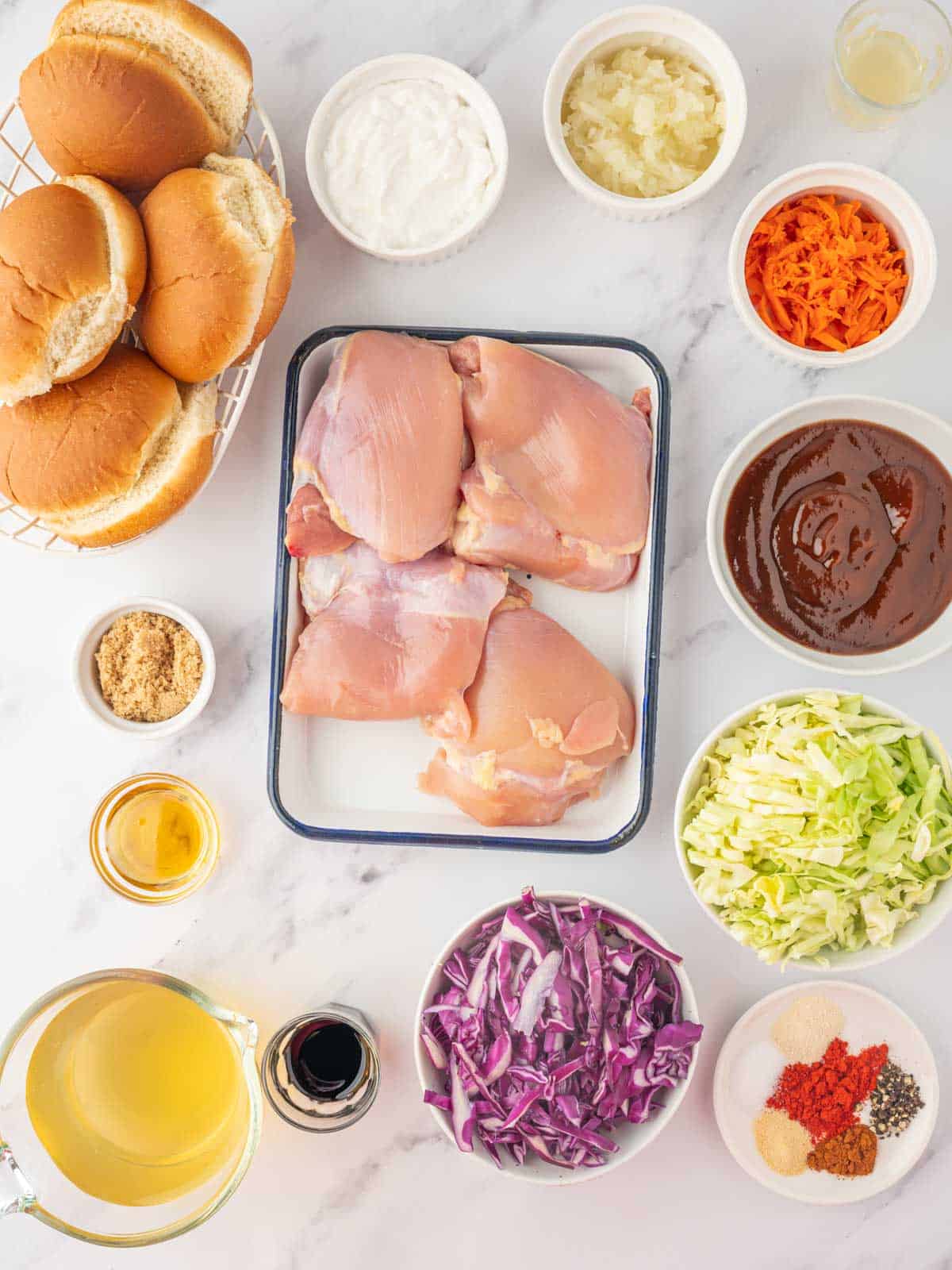 Ingredients needed for bbq shredded chicken sandwiches.