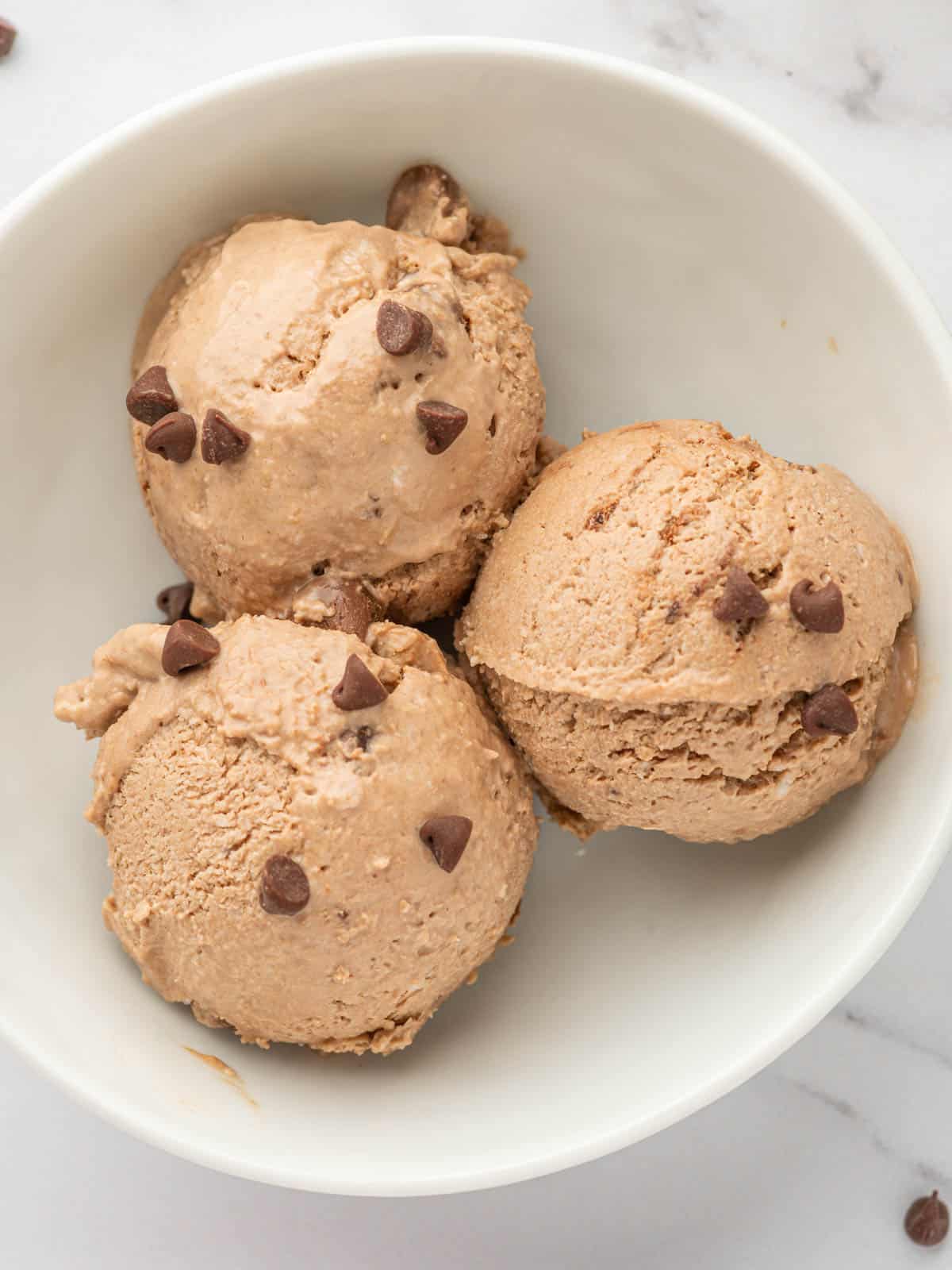 Scoops of chocolate ice cream in a bowl.