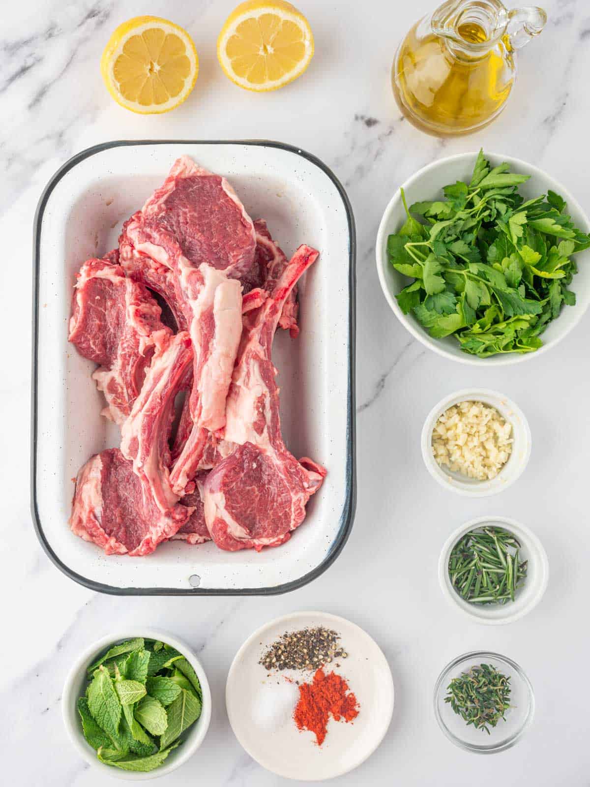 Ingredients needed for mediterranean lamb chops.