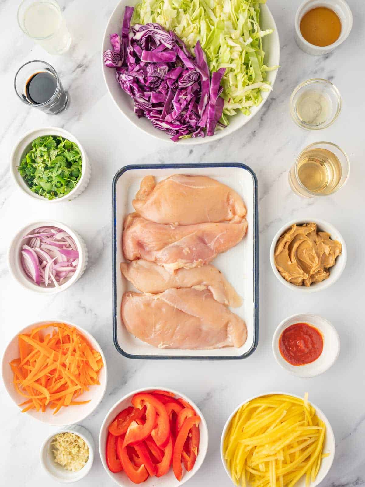 Ingredients needed for mango thai chicken salad.