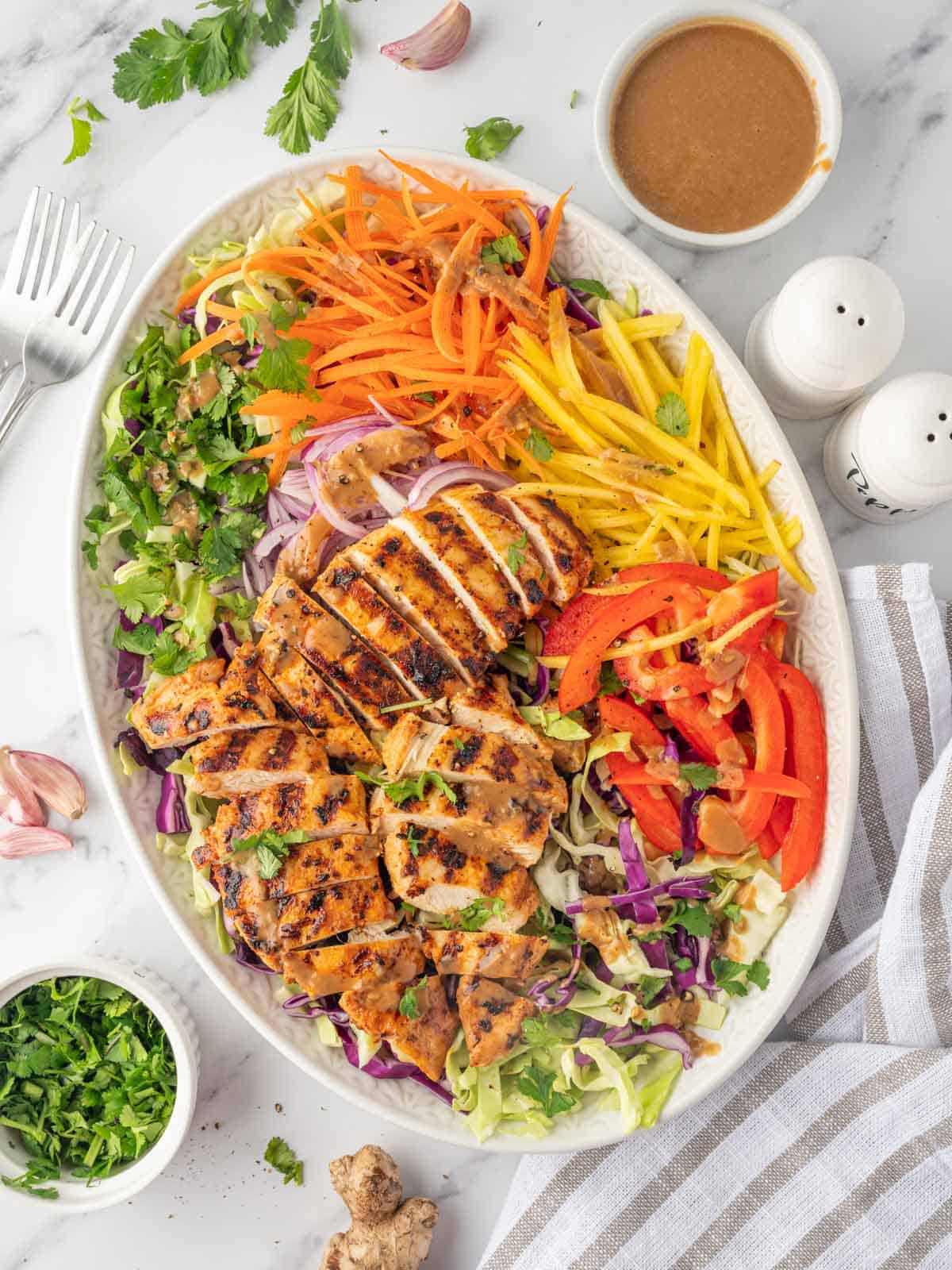 Chicken salad with mango and peanut butter dressing.