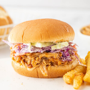 A bbq pulled chicken sandwich on a plate with french fries.