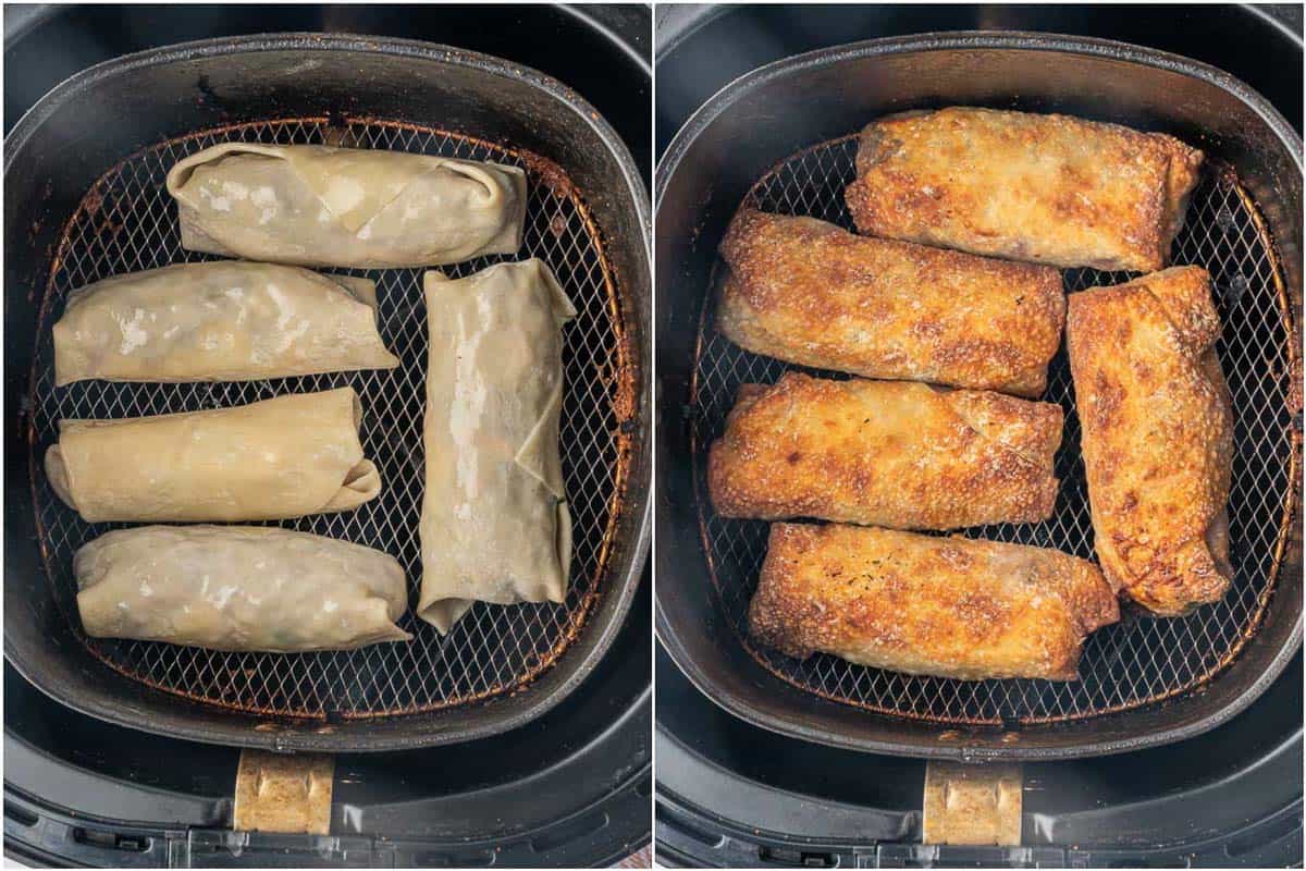 before and after photo of spring rolls cooking in an air fryer.