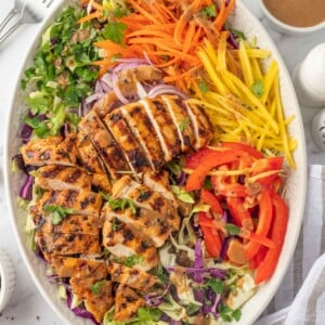 A platter of mango chicken salad ingredients.