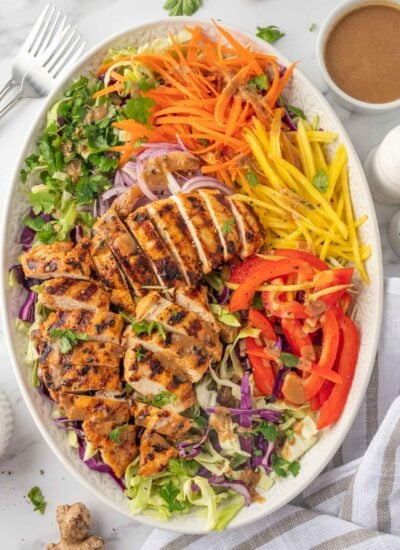 A platter of mango chicken salad ingredients.