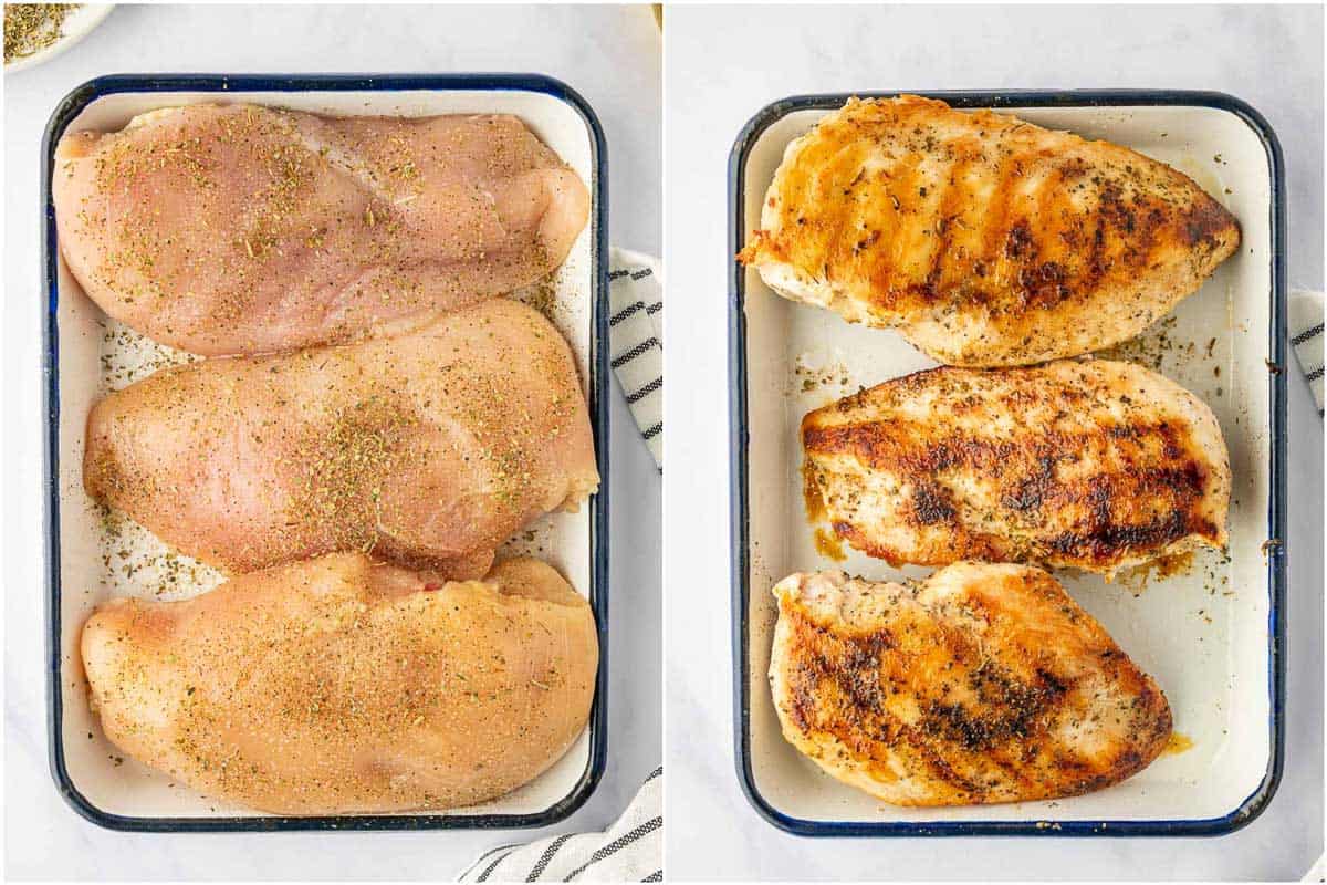 Grilled seasoned chicken on a platter.