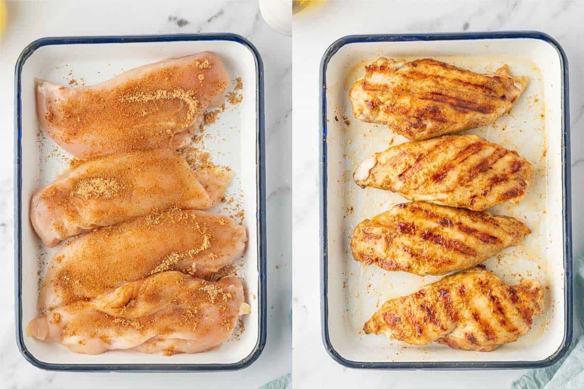 Before and after grilled chicken on a platter.