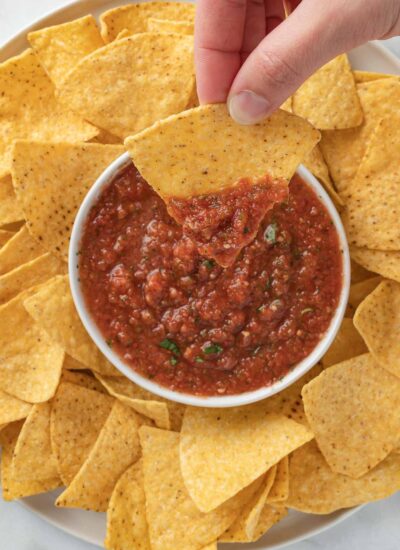 salsa and chips on a plate and hand holding a chip.