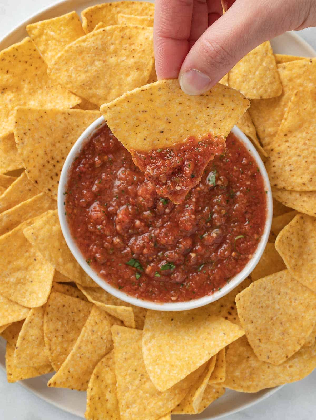 salsa and chips on a plate and hand holding a chip.