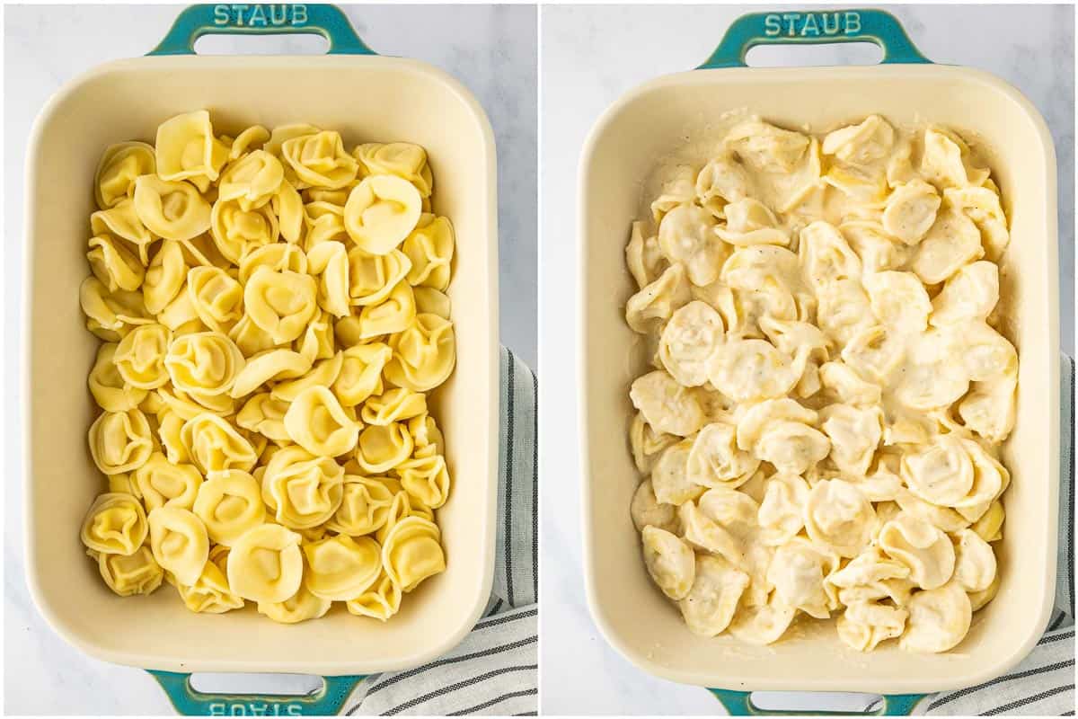 Combine cooked tortellini with alfredo sauce.