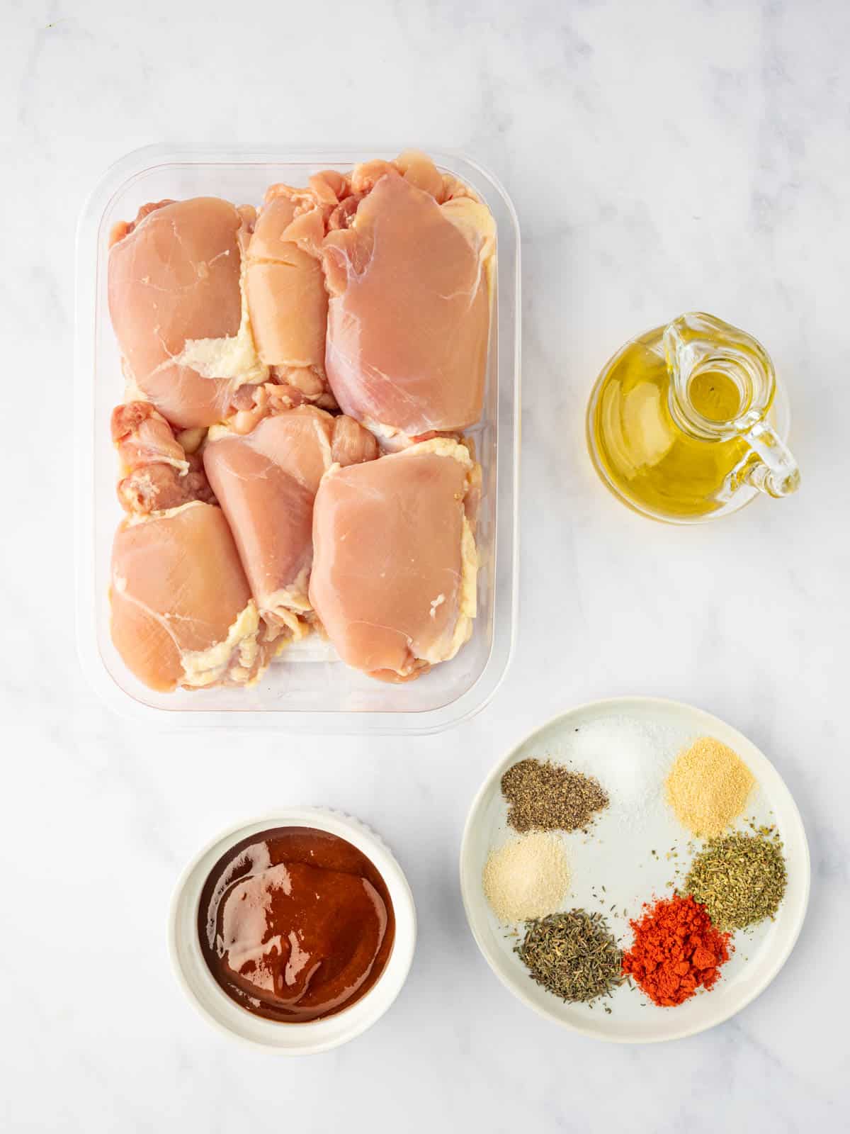 Ingredients needed for bbq chicken thighs in oven.