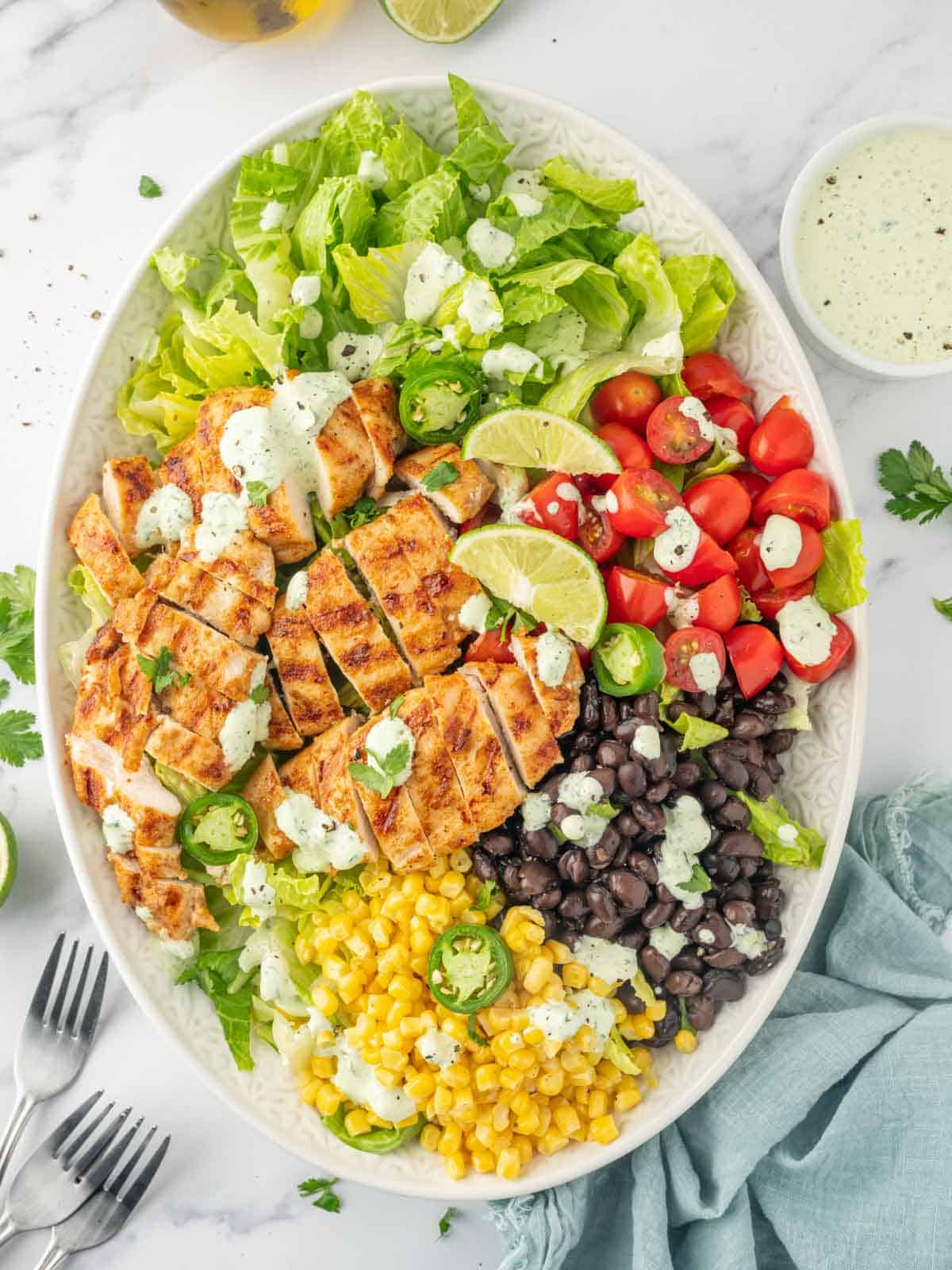 Overhead view of santa fe grilled chicken salad on a plate.