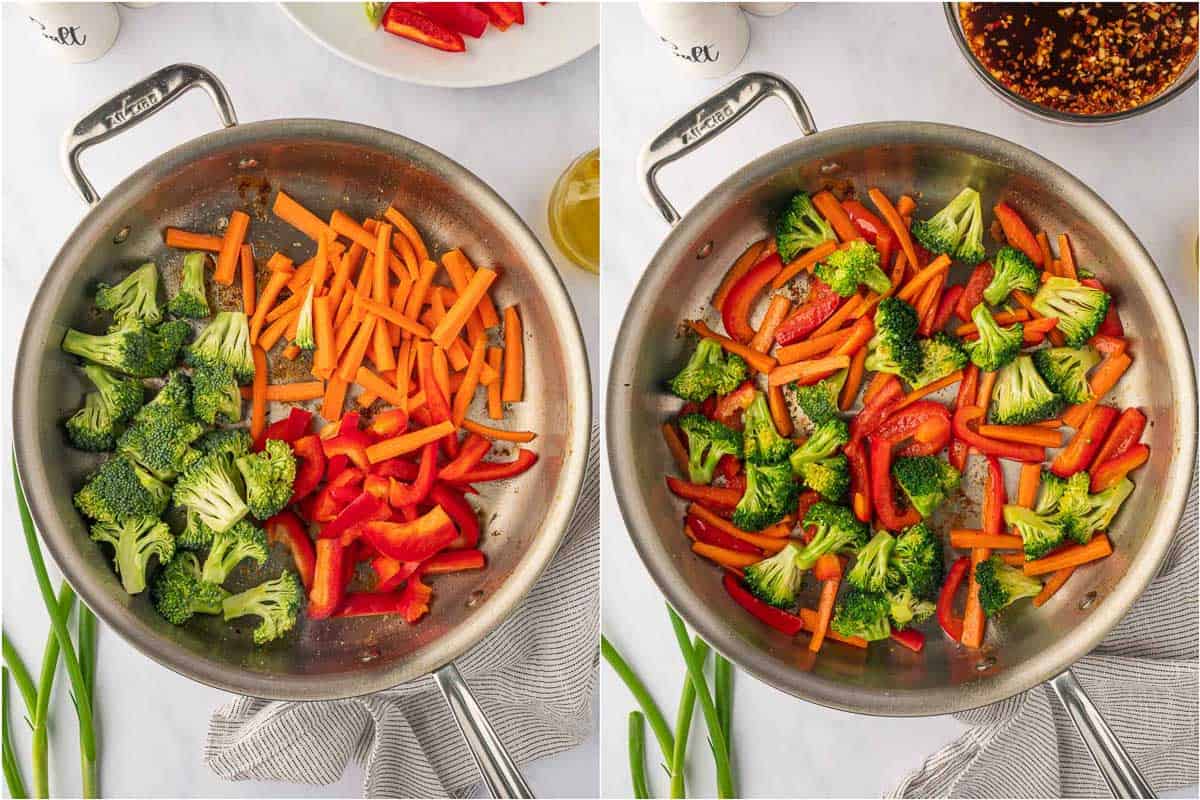 Stirfry veggies in a skillet.