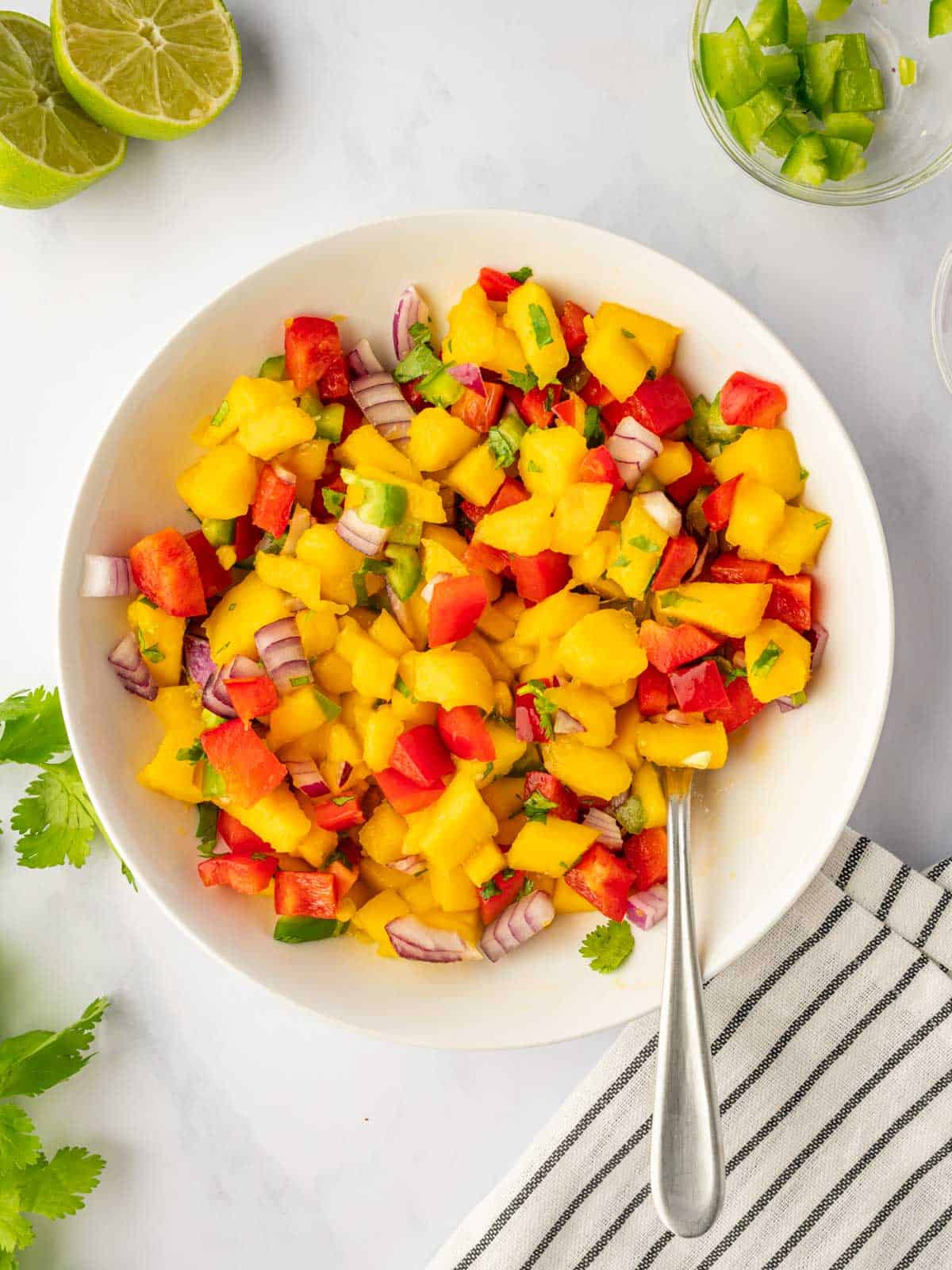 Homemade fresh mango salsa in a bowl.