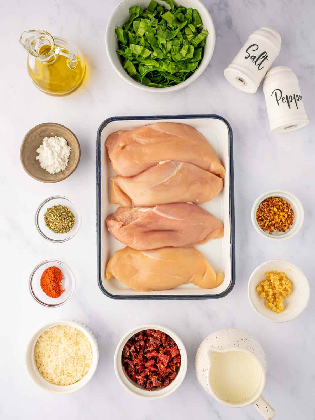 Ingredients needed for easy tuscan chicken.