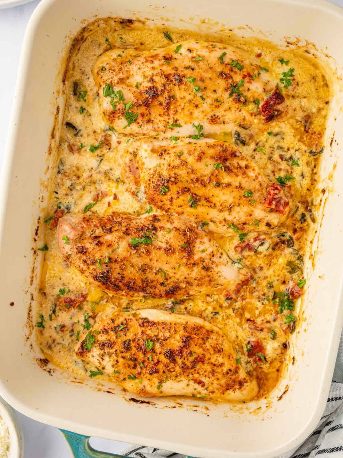 A baked tuscan chicken casserole.