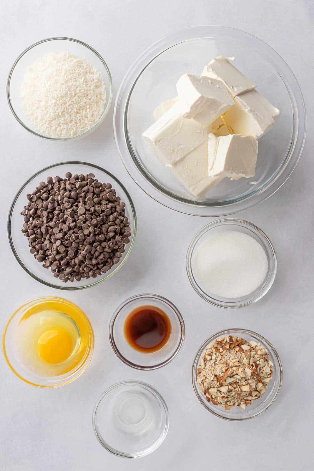 ingredients of almond joy cheesecake.